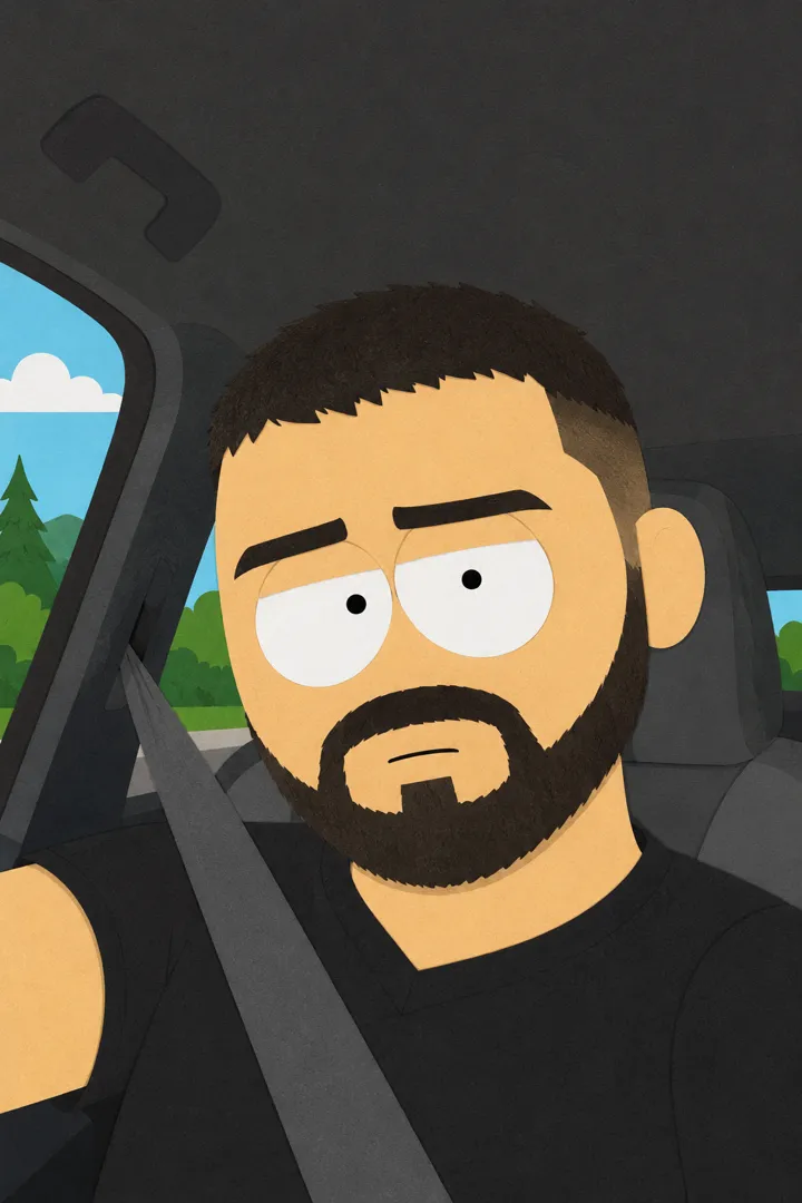 Mohamed Benfriha dessiné façon South Park, l'air sceptique au volant